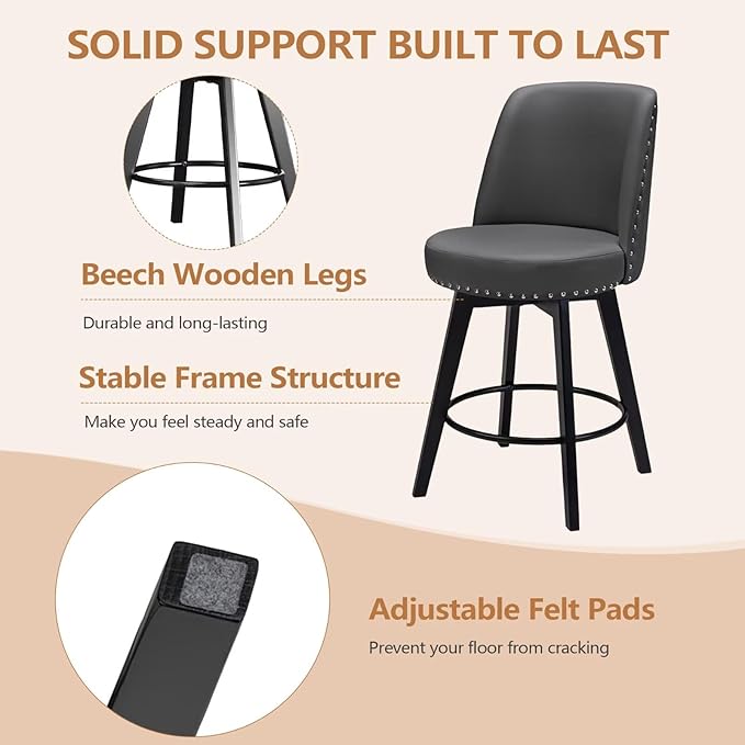 MINCETA Bar Stool, PU Leather Barstool, 26 Inch Upholstered Counter Stool with High Back and Footrest, Swivel Counter Height Barstool for Kitchen Island Home Bar Dark Gray