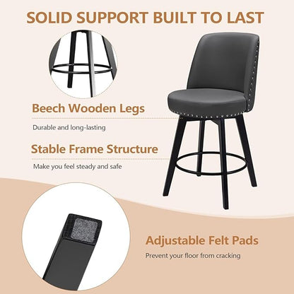 MINCETA Bar Stool, PU Leather Barstool, 26 Inch Upholstered Counter Stool with High Back and Footrest, Swivel Counter Height Barstool for Kitchen Island Home Bar Dark Gray