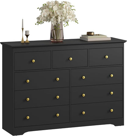 Black Dresser for Bedroom, 9 Drawer Dresser with Large Drawers, 55 Inch Wide Wood Chest for Living Room, Hallway