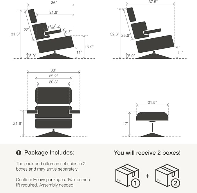 Top Black Grain Leather, Mid Century Chaise Lounge Chair and Ottoman, Leather Accent Chair, Modern Reading Chair, Classic Design, Heavy Duty Base Support for Living Room Lounge Office, Palisander