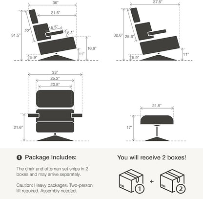 Top Black Grain Leather, Mid Century Chaise Lounge Chair and Ottoman, Accent Chair, Modern Chair, Classic Design, Heavy Duty Base Support for Living Room Lounge Office, Palisander, Heightening