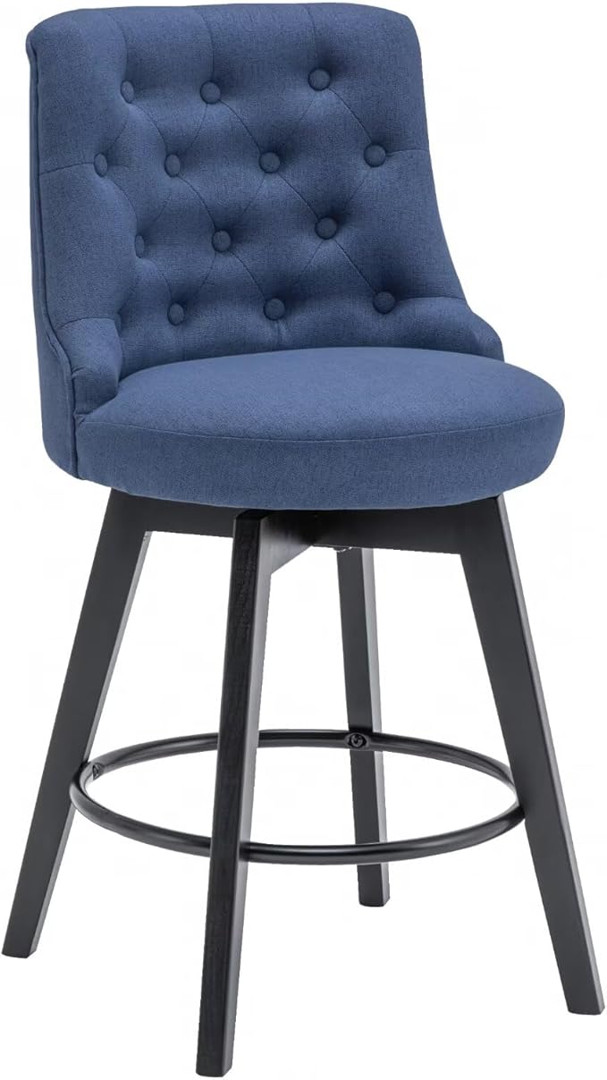 MINCETA Set of 2 Upholstered Bar Stools - 26 Inch Swivel Counter Height Stools with Low Tufted Back, Footrest & Performance Fabric - Round Seat for Kitchen Island & Home Bar Blue