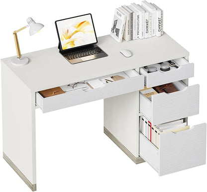 White Desk with Drawers, 48 Inch Small Computer Desk with 4 Storage Drawers for Small Space, Home Office Desk for Bedroom with Storage File Cabinet