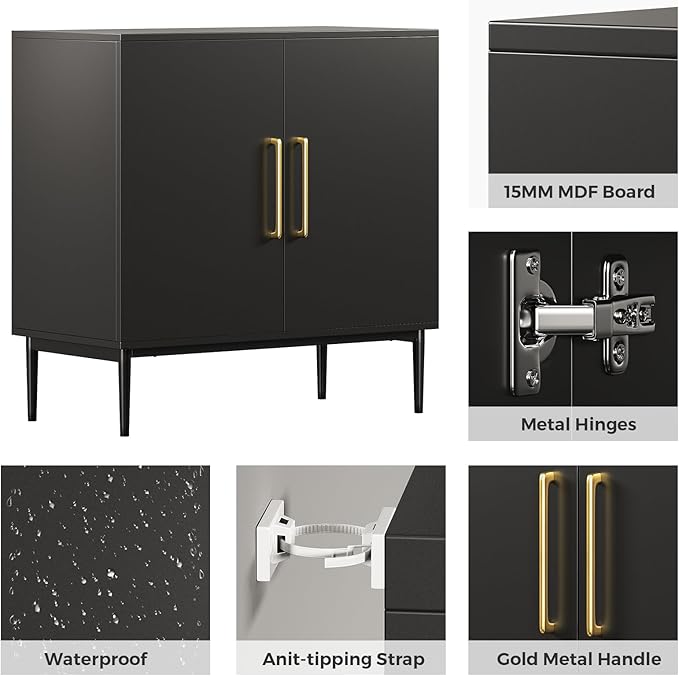 Modern Black Accent Storage Cabinet with Doors, Free Standing Wooden Buffet Sideboard for Bedroom, Kitchen, Home Office