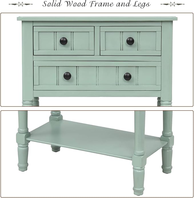 Knocbel Slim Antique Entry Console Table with Drawers & Bottom Open Shelf, Solid Wood Sofa Couch Table for Entryway Hallway Living Room (Mint Green)
