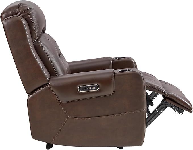 Watson & Whitely Oversized Genuine Leather Power Recliner Chairs for Big and Tall, Extra Wide Lay Flat Recliner with Power Headrest & Cup Holders, Electric Reclining Sofa for Living Room, Dark Brown