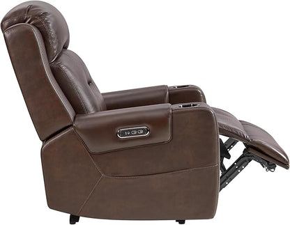 Watson & Whitely Oversized Genuine Leather Power Recliner Chairs for Big and Tall, Extra Wide Lay Flat Recliner with Power Headrest & Cup Holders, Electric Reclining Sofa for Living Room, Dark Brown