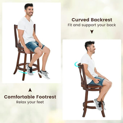 COSTWAY Bar Stools Set of 4, 360° Swivel Chairs with Rubber Wood Frame, 26 in PU Leather Cushioned Seat and Footrests, for Kitchen Island, Dining Room, Bar (Brown-26 inches, 4 stools)