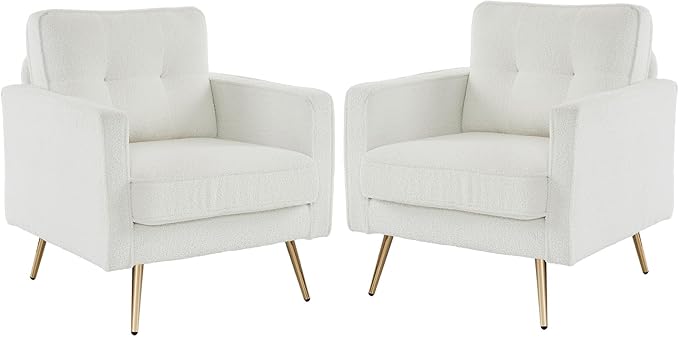 VINGLI Accent Chairs Set of 2 White Living Room Chairs Fluffy Teddy Fabric Mid Century Modern Sofa Chairs with Arms, Gold Legs for Reading, Bedroom, Waiting Room