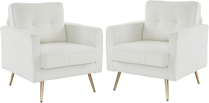 VINGLI Accent Chairs Set of 2 White Living Room Chairs Fluffy Teddy Fabric Mid Century Modern Sofa Chairs with Arms, Gold Legs for Reading, Bedroom, Waiting Room