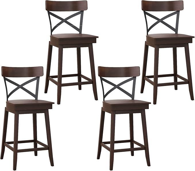 COSTWAY Swivel Bar Stool Set of 4, 24 Inch Ergonomic Counter Height Chairs with Open X Back & Footrest, 4PCS Vintage Wooden Barstools for Kitchen Island, Pub, Bistro, Café, Brown (4, 24 inch)