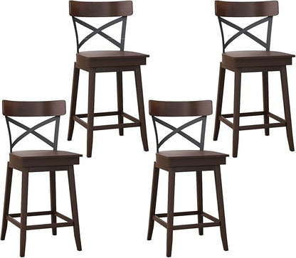 COSTWAY Swivel Bar Stool Set of 4, 24 Inch Ergonomic Counter Height Chairs with Open X Back & Footrest, 4PCS Vintage Wooden Barstools for Kitchen Island, Pub, Bistro, Café, Brown (4, 24 inch)