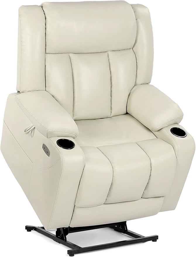 EONIX Dual Motor Oversized Power Lift Recliner Chair for Elderly, 400lbs Heavy Duty Faux Leather Recliner with Massage and Heat, Lay Flat Big and Tall Lift Chair with Cup Holders, Cream White