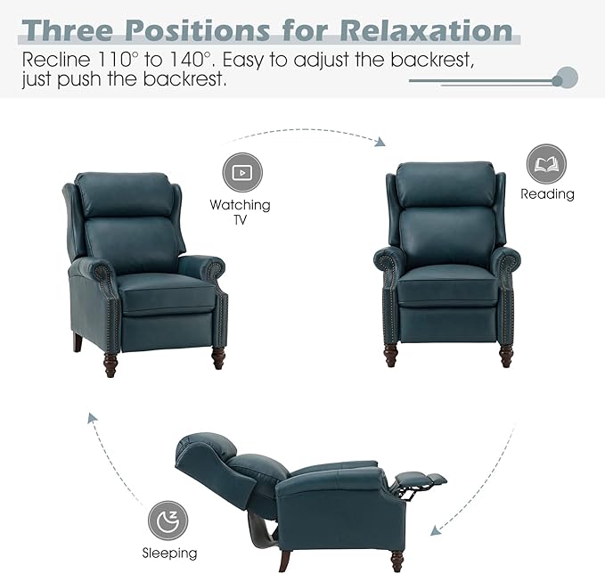 HULALA HOME Genuine Leather Recliner Chair, Traditional Manual Pushback Comfy Seating for Living Room, Thick Cushion & Solid Wood Legs, Wingback Recliner with Nailhead Trim, Turquoise-S2