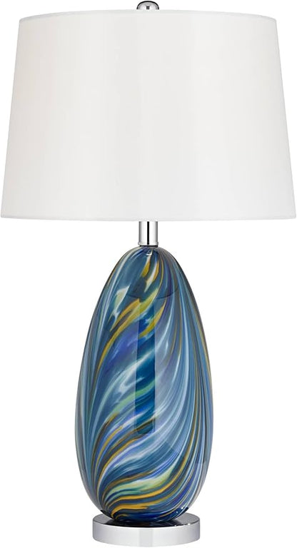 Possini Euro Design Pablo Modern Style Table Lamp with Clear Square Riser 28.5" Tall Multi Blue Art Glass White Drum Shade for Living Room Bedroom House Bedside Nightstand Home (Color May Vary)