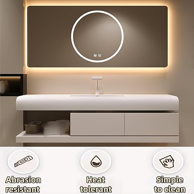 48IN Bathroom Vanity with Sink - Bathroom Cabinet Set has 2 Drawers & Overflow Hole Wall Mounted | LED Practical Defogging Mirror, Open Compartments, Seamless Rock Slab Basin (Coffee)