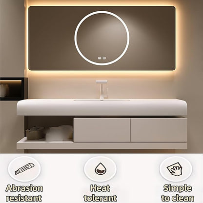 48IN Bathroom Vanity with Sink - Bathroom Cabinet Set has 2 Drawers & Overflow Hole Wall Mounted | LED Practical Defogging Mirror, Open Compartments, Seamless Rock Slab Basin (Cream White)