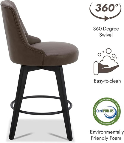 Watson & Whitely Modern Swivel Bar Stools, Faux Leather Upholstered Counter Height Bar Stools with Back, Solid Wood Legs, 26" H Seat, Set of 2, Chocolate