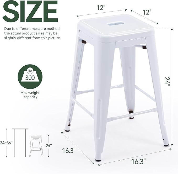 Vogue Furniture Direct 24" Bar Stools White Backless Metal Barstools Indoor-Outdoor Counter Height Stools with Square Seat, Set of 4 - VF1571004-4