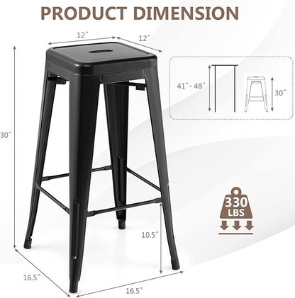 COSTWAY Bar Stools Set of 4, 30” Bar Height Metal Stools with Rubber Footpads & Handling Hole, X-Shaped Reinforced Design, Stackable Stools, for Kitchen, Dining Room, Pub (Black, 30‘’)