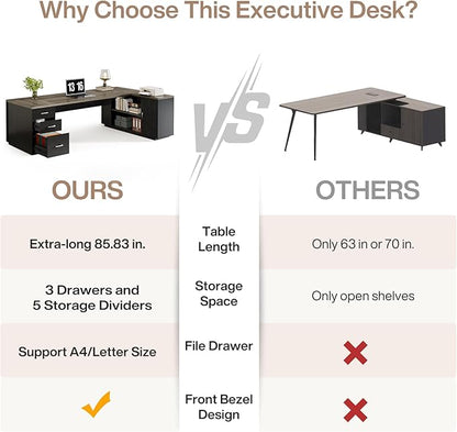 Tribesigns 85.8-Inch L-Shaped Executive Desk with File Drawers, Door Cabinet & Shelves, Extra Large Commercial Office Desk, Modern Professional Office Table Business Furniture, Grey & Black