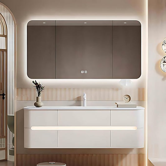 48IN Bathroom Vanity - Bathroom Vanity with Sink with Intelligent Induction Light | Wall-Mounted Bathroom Vanity with Intelligent LED Mirror Cabinet & 6 Drawers, Cream Color