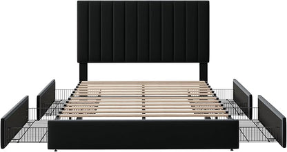Allewie Queen Size Storage Bed Frame, Vertical Channel Tufted Adjustable Headboard, Velvet Upholstered Platform Bed with 4 Oversized Underbed Drawers, Wooden Slats Support, No Box Spring Needed, Black