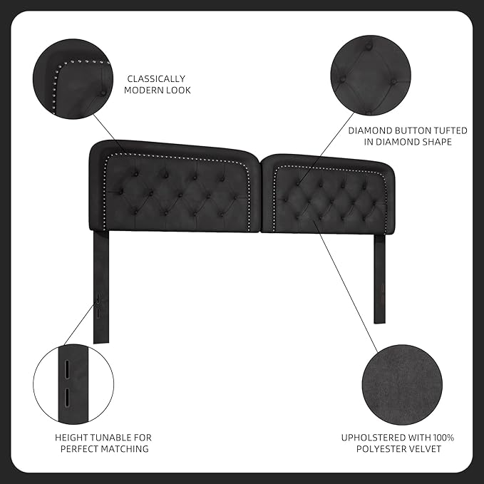 Tufted Upholstered Headboard Queen Size, Button Adjustable Height Queen Head Board Only, Sturdy and Durable Solid Wood with Nailhead Trim Headboards, Ideal for Bedroom, Dorm, Guest Room,Black