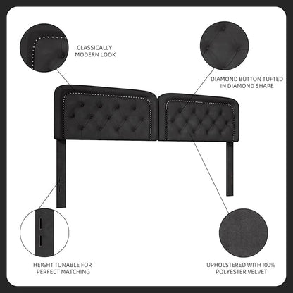 Tufted Upholstered Headboard Queen Size, Button Adjustable Height Queen Head Board Only, Sturdy and Durable Solid Wood with Nailhead Trim Headboards, Ideal for Bedroom, Dorm, Guest Room,Black