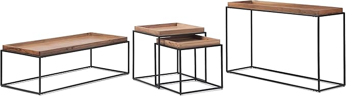 SIMPLIHOME Carter Coffee Table - 47 inch Wide Solid Acacia Wood Industrial Tray Top Cocktail Table in Natural Acacia, Stylish Living Room Table with Fixed Tray Shelf and Metal Base