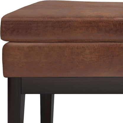 SIMPLIHOME Carlson 45-inch Wide Vegan Faux Leather Ottoman Bench in Distressed Black with Solid Wood Frame for Living Room, Entryway, or Bedroom