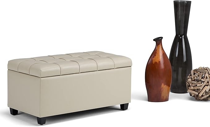 SIMPLIHOME Sienna Storage Ottoman Bench - 33 inch Wide Upholstered Vegan Leather Rectangle Storage Ottoman Bench in Stone Grey, Transitional Tufted Ottoman for Living Room or Entryway with Lift Top