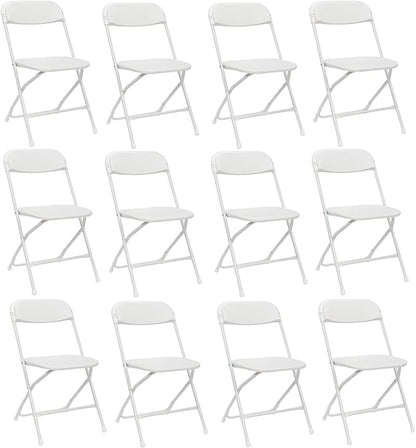 12 Pack White Plastic Folding Chairs, Portable Party Chairs, Stackable Commercial Seats with Steel Frame for Home Office Wedding Party Indoor Outdoor Events Chairs, 350lbs Capacity