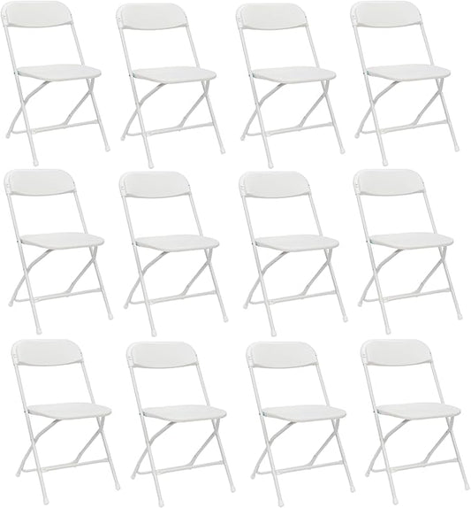 12 Pack White Plastic Folding Chairs, Portable Party Chairs, Stackable Commercial Seats with Steel Frame for Home Office Wedding Party Indoor Outdoor Events Chairs, 350lbs Capacity