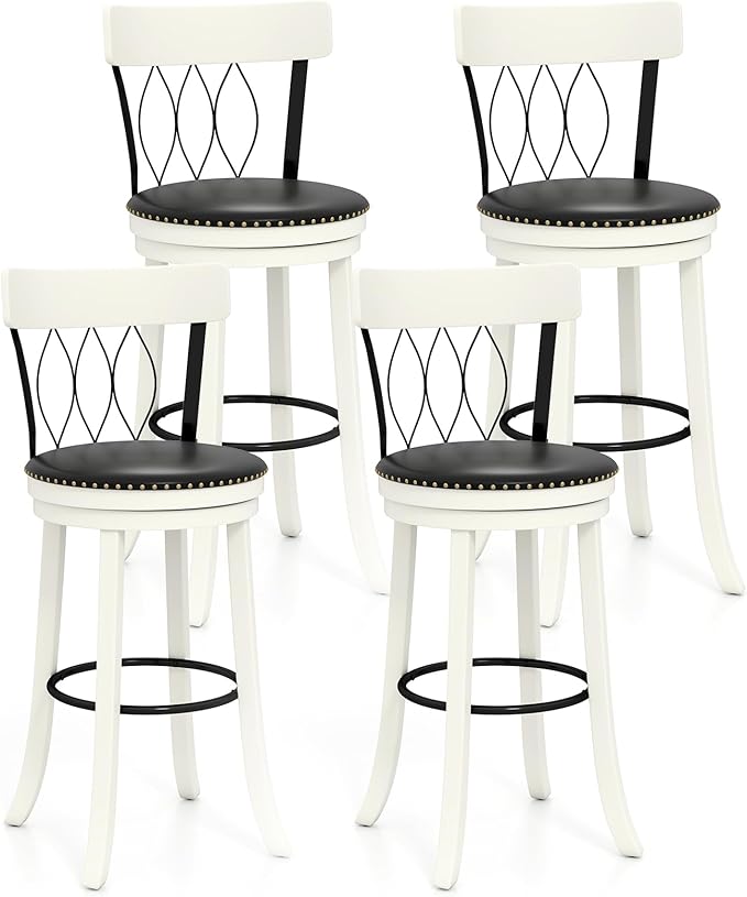 COSTWAY Bar Stools Set of 4, 30‘’ Seat Height Swivel Barstools with Ergonomic Backrest, Soft Cushion & Footrest, Rubber Wood Bar Height Bar Chairs Upholstered Dining Chairs for Kitchen Island