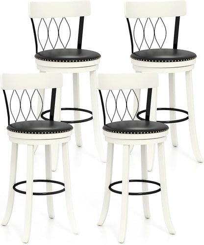 COSTWAY Bar Stools Set of 4, 30‘’ Seat Height Swivel Barstools with Ergonomic Backrest, Soft Cushion & Footrest, Rubber Wood Bar Height Bar Chairs Upholstered Dining Chairs for Kitchen Island