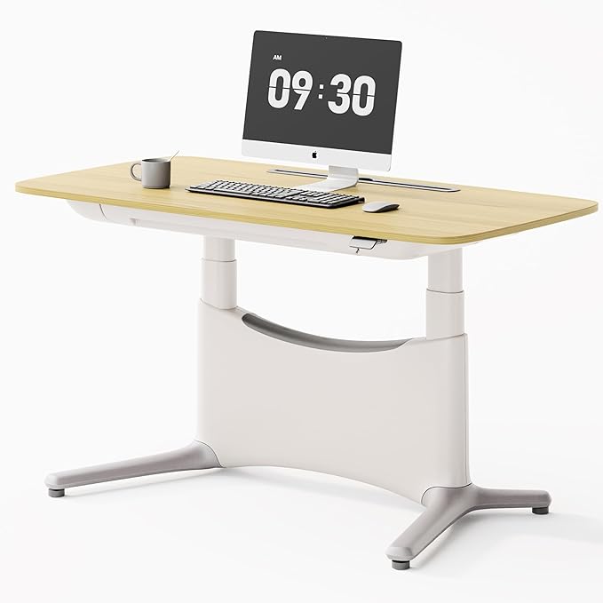 COLAMY Electric Standing Desk, Whole-Piece Gaming Desk with Dual Motors, Ergonomic Footrest, Drawers for Storage, Adjustable Height Sit-Stand Desk for Home Office (MFC Desktop, Light Maple + White)