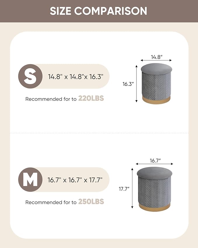 B FSOBEIIALEO Ottoman with Stroage, Round Velvet Storage Ottoman with Gold Plating Base,Foot Rest Stool for Dorm Room, Living Room Grey, 14.76"x14.76"x16.34"