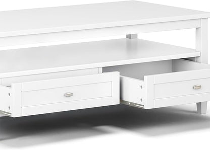 SIMPLIHOME Warm Shaker Coffee Table - 48 inch Wide Solid Wood Cocktail Table in White, Transitional Living Room Table with 2 Storage Drawers and Open Shelf for Sitting Area or Lounge