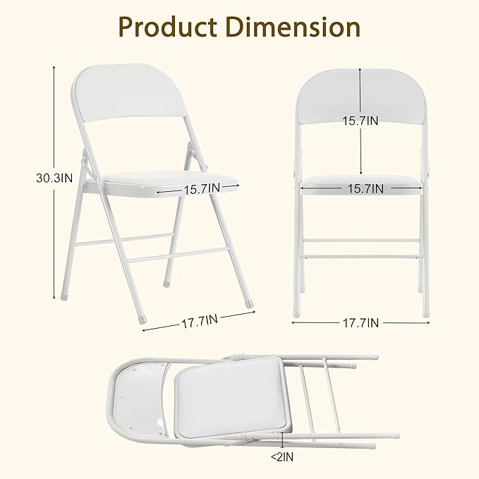 4 Pack White Folding Chairs with Padded Cushion and Back, Portable Heavy Duty Metal Frame Commercial Seat, Foldable Indoor Outdoor Chairs with 330-LBS Capacity for Office Party Events Kitchen Wedding