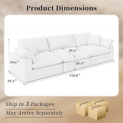 Modular Sectional Sofa Cloud Couch,Down Filled Comfy Cloud Modern Sofa,White Linen Oversized Couch Cushion Covers Removable for Living Room(3 Seater)