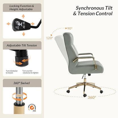 HULALA HOME Modern Executive Office Chair, Faux Leather Tufted Ergonomic Desk Chair with Gold Plated Base & Armrests, 360° Swivel Adjustable Height Tilt Home Office Chair for Work/Study