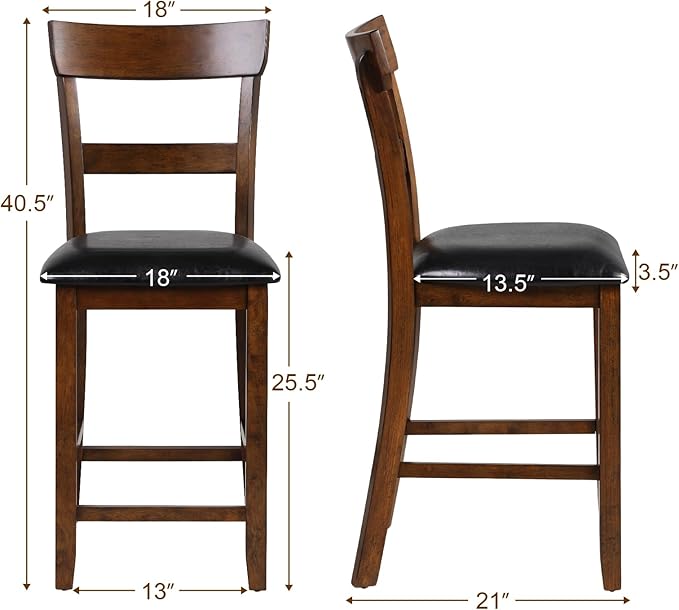 COSTWAY Counter Height Bar Stools Set of 4, 25.5 Inch Mid Century Modern Wooden High-top Chairs with Backrest, Rubber Wood Legs, Faux Leather Seat, Farmhouse Barstools for Kitchen Island, Pubs