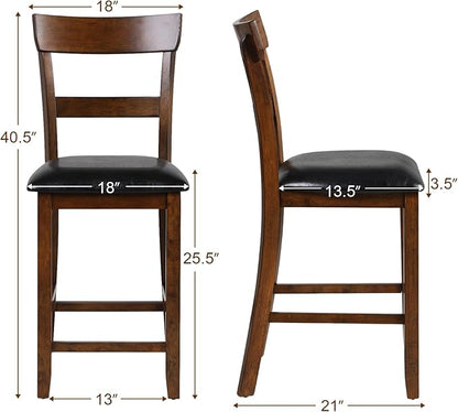COSTWAY Counter Height Bar Stools Set of 4, 25.5 Inch Mid Century Modern Wooden High-top Chairs with Backrest, Rubber Wood Legs, Faux Leather Seat, Farmhouse Barstools for Kitchen Island, Pubs