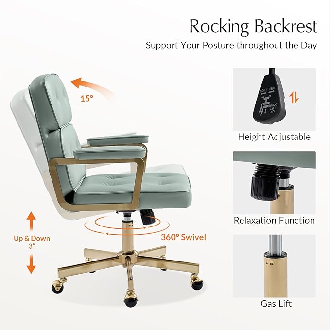 HULALA HOME Faux Leather Office Desk Chair with Golden Metal Legs, Comfy Upholstered Computer Chair with Tufted Backrest & Thick-Cushion Padded Armrest, Height Adjustable and 360°Swivel, Sage