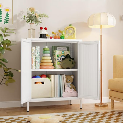 White Cabinet, 2 Door Locker Cabinets with Adjustable Shelves, Side Table Storage with Doors,Bathroom Furniture for Small Spaces,Home,Office,Kitchen,Dining Room