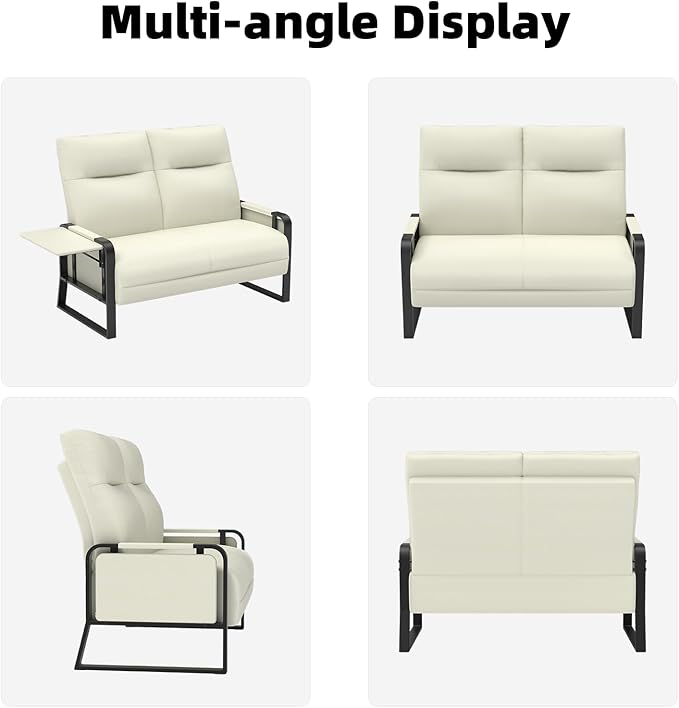 Faux Leather Loveseat, Upholstered Loveseat with Side Tray Table & Storage Pocket, Small Loveseat for Living Room, Modern 2 Seater Sofa Couch for Small Spaces, Bedroom, Beige
