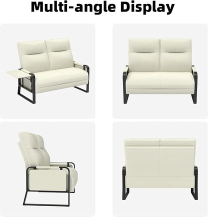 Faux Leather Loveseat, Upholstered Loveseat with Side Tray Table & Storage Pocket, Small Loveseat for Living Room, Modern 2 Seater Sofa Couch for Small Spaces, Bedroom, Beige