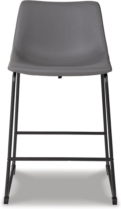 Signature Design by Ashley Centiar Modern Faux Leather 23.75" Counter Height Bucket Seat Barstool, Tubular Metal Base, Footrest for Comfort, Set of 2, Gray