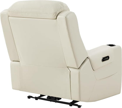 Watson & Whitely Oversized Genuine Leather Power Recliner Chairs for Big and Tall, Extra Wide Lay Flat Recliner with Power Headrest & Cup Holders, Electric Reclining Sofa for Living Room, Cream
